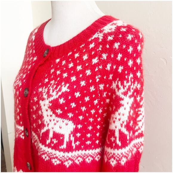 Old Navy NWT Women's Alpine Fair Isle Cardigan Sweater L Deer Trees Red White - Picture 9 of 12